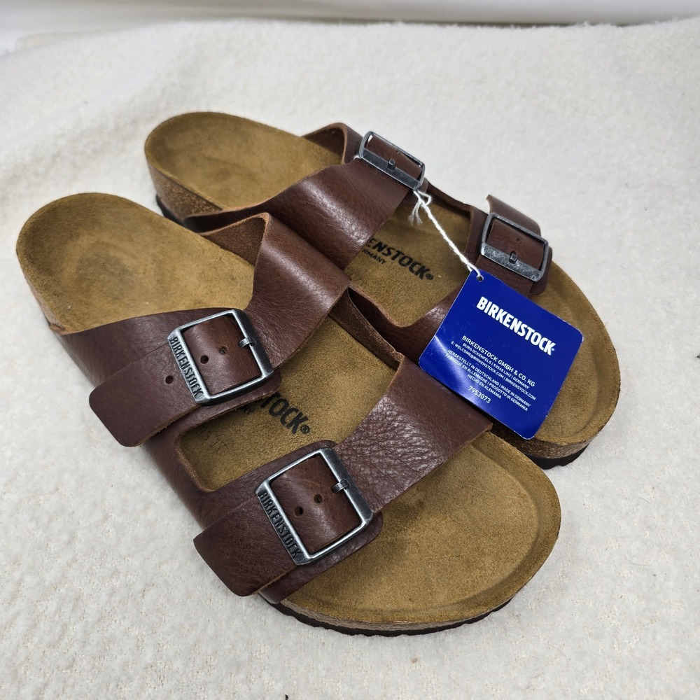 NEW Birkenstock Arizona Sandals Men 10 43 Brown Leather Double Strap Slide Cork